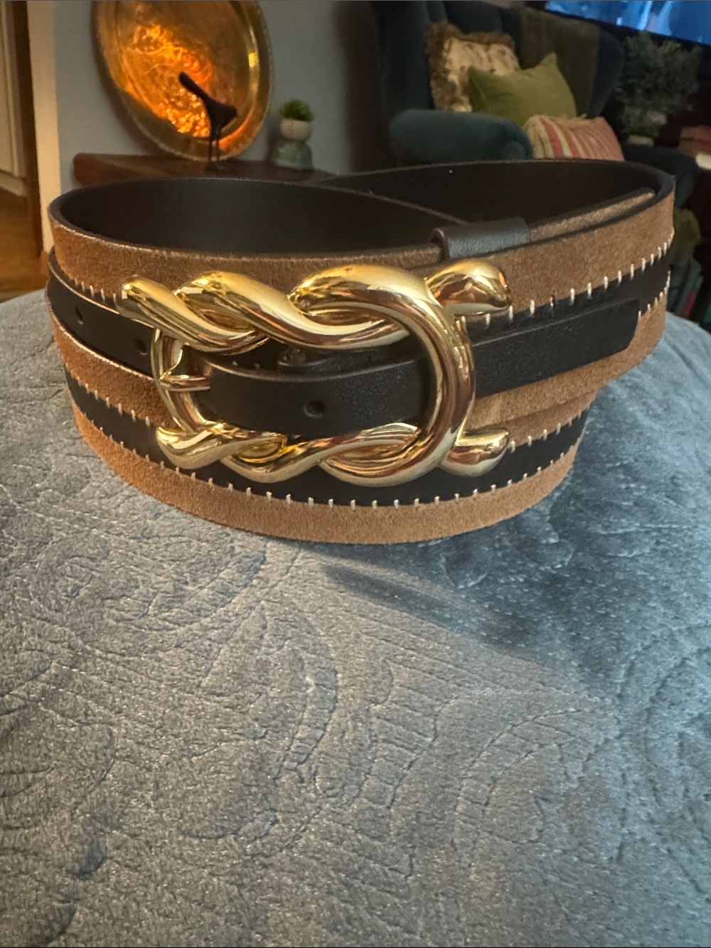 CAbi Suede & Leather Wide Waist Belt with Twisted Gold Buckle - Brown & Black
